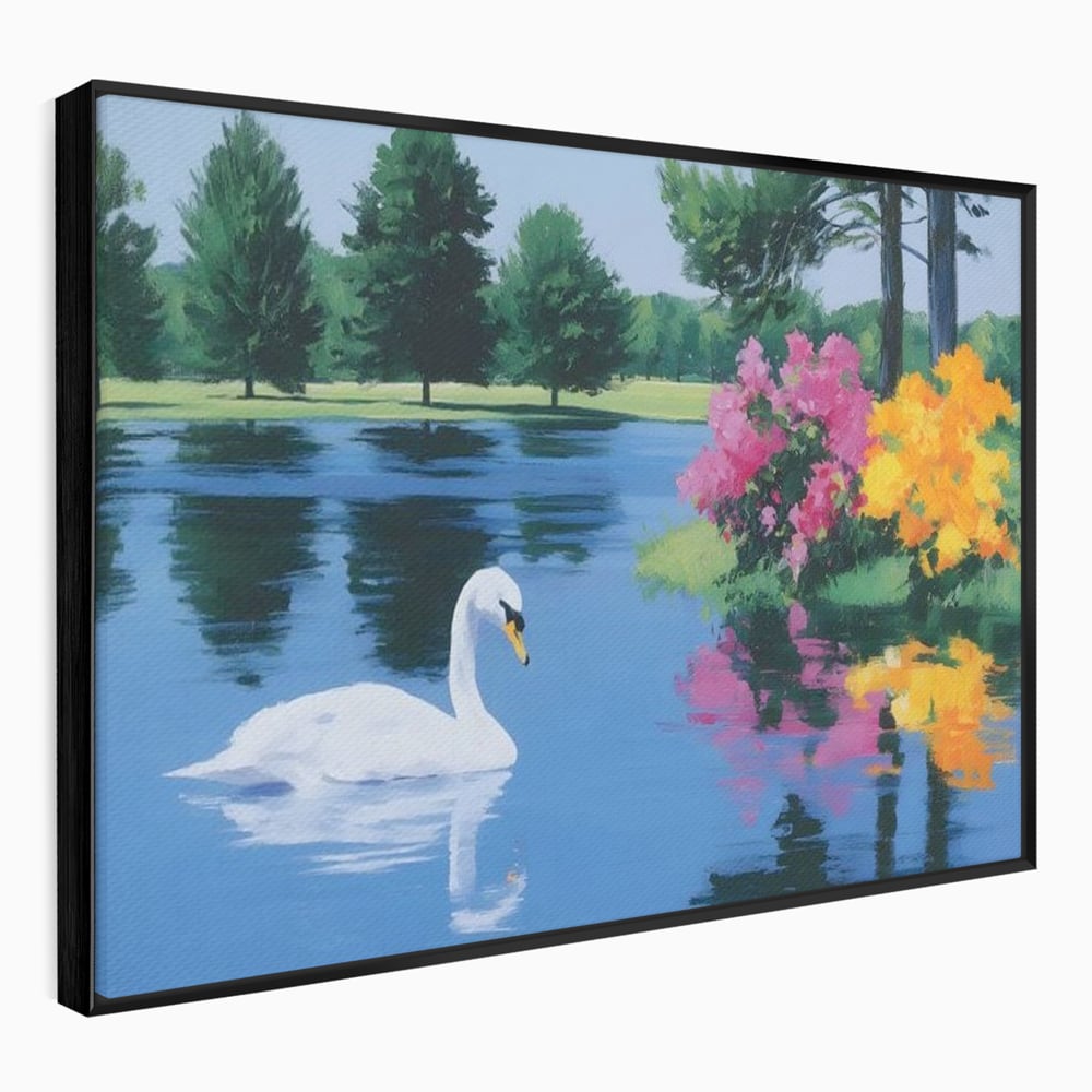 Tablou canvas cu pictura cu lebada pe lac si flori, in rama de aluminiu negru